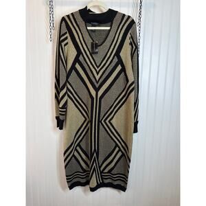 NWT Ashley Stewart Sweater Dress Lurex Geo Pale Gold Metallic Midi Size 14-16